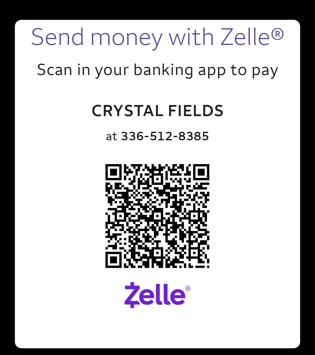 Zelle QR code — Crystal Fields at 336-512-8385